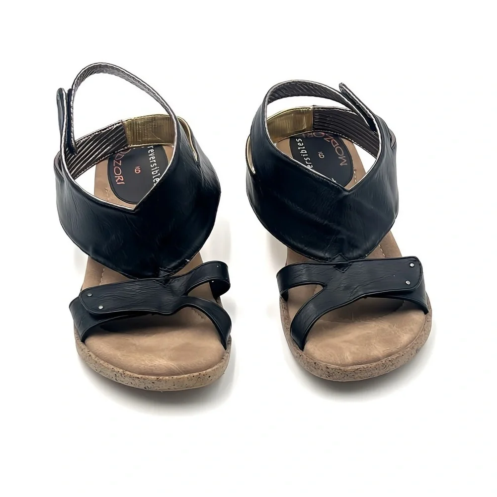 Modzori Palmyra Low Wedge Travel REVERSIBLE Sandal Black, Gold & Silver Size 9